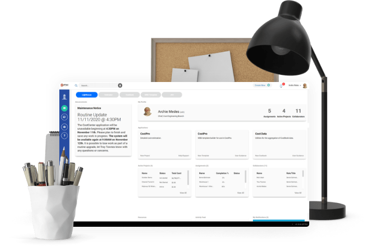 PT&C website screenshot, lamp, and cup